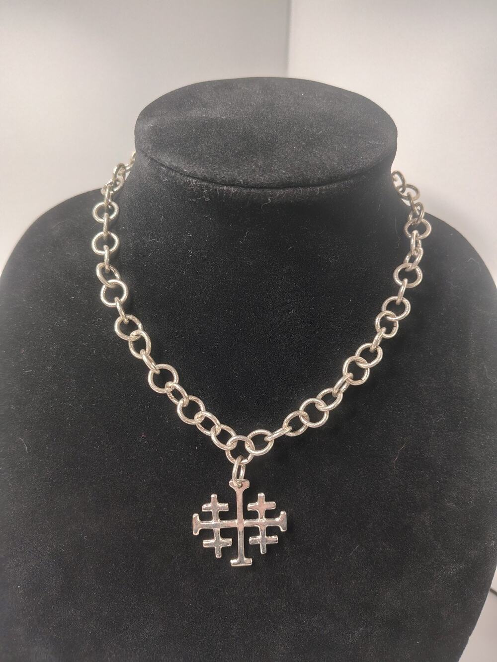 Susan Shaw Jerusalem Cross Necklace Hand Cast Silver Tone 17"-19" USA Made